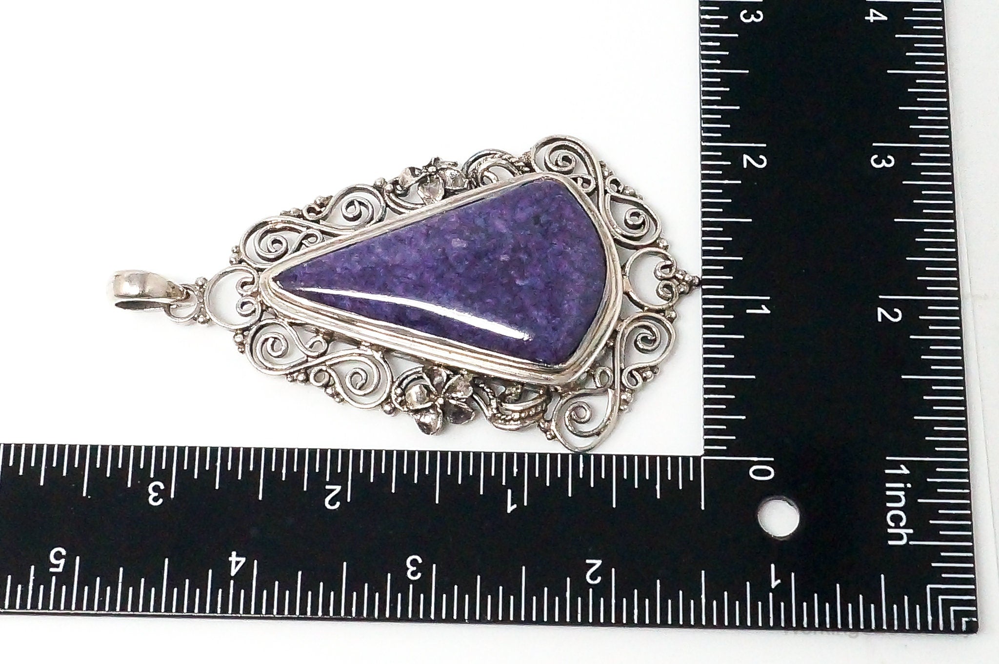 Vintage Purple Charoite Sterling Silver Floral Scroll Statement Necklace Pendant | Jewelry > Necklaces > Pendants | Wiccan Center