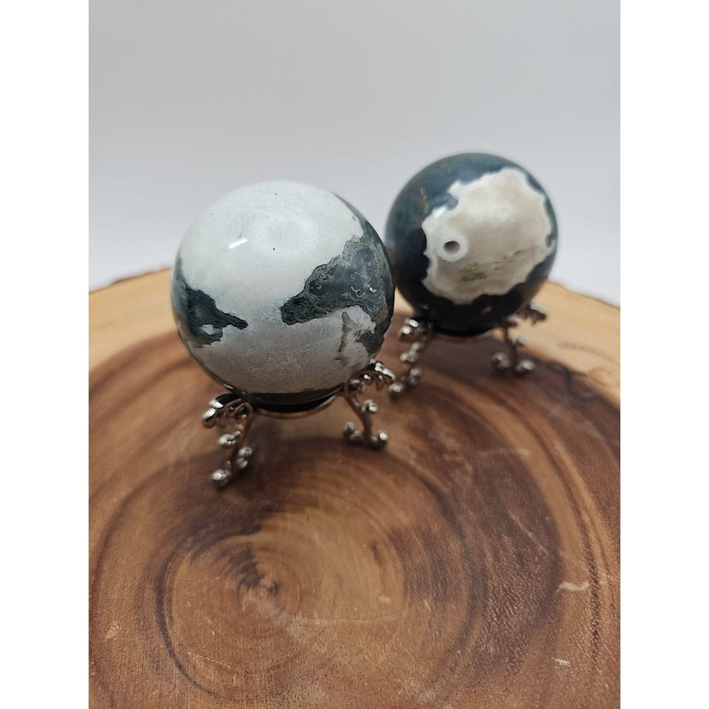 1 Pair Moss Tree Agate Sphere W/Stand 52mm .93lb