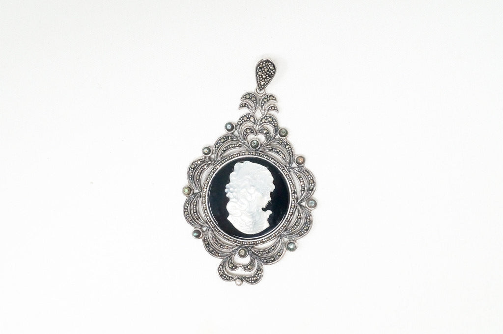 Vtg Carved Cameo Mother Of Pearl Marcasite Sterling Silver Necklace Pendant | Jewelry > Necklaces > Pendants | Wiccan Center