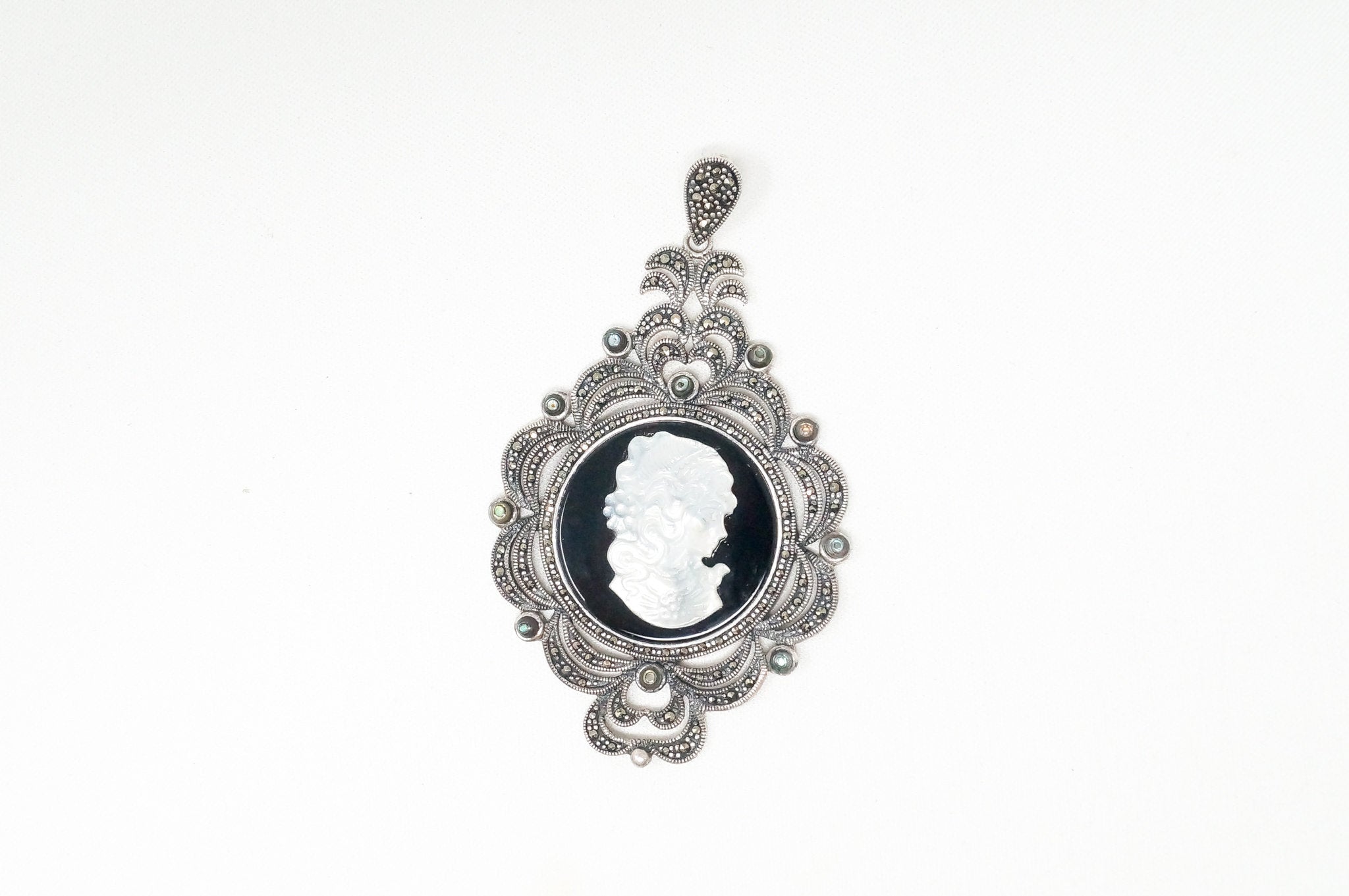 Vtg Carved Cameo Mother Of Pearl Marcasite Sterling Silver Necklace Pendant | Jewelry > Necklaces > Pendants | Wiccan Center