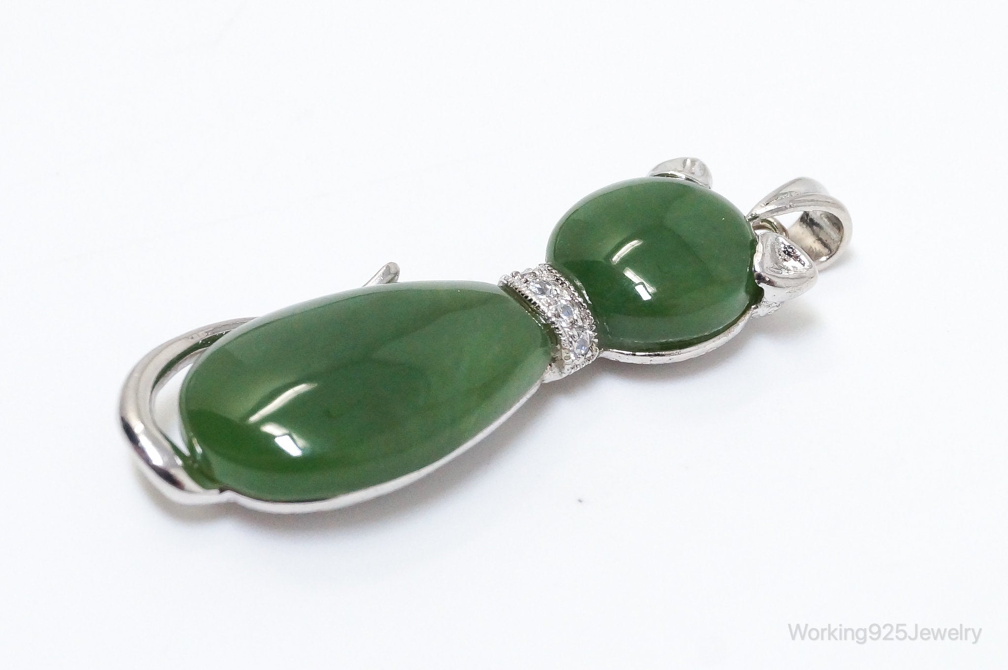 Large Kitten Cat Nephrite Cubic Zirconia Sterling Silver Necklace Pendant | Jewelry > Necklaces > Pendants | Wiccan Center