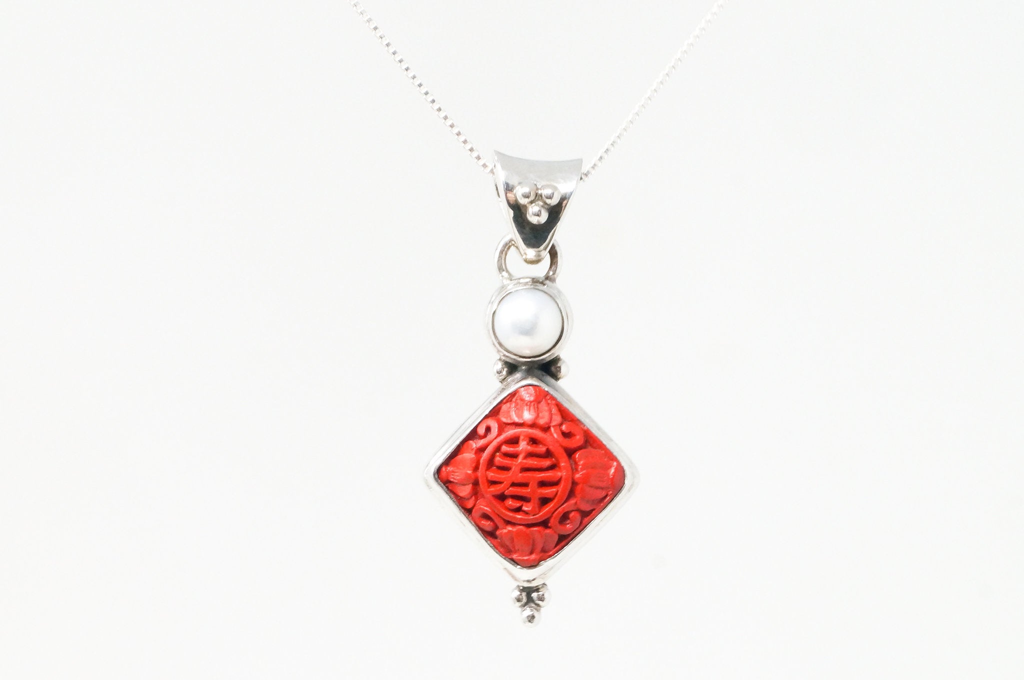 Vintage Chinese Carved Synthetic Coral Pearl Sterling Silver Necklace Pendant | Jewelry > Necklaces > Pendants | Wiccan Center