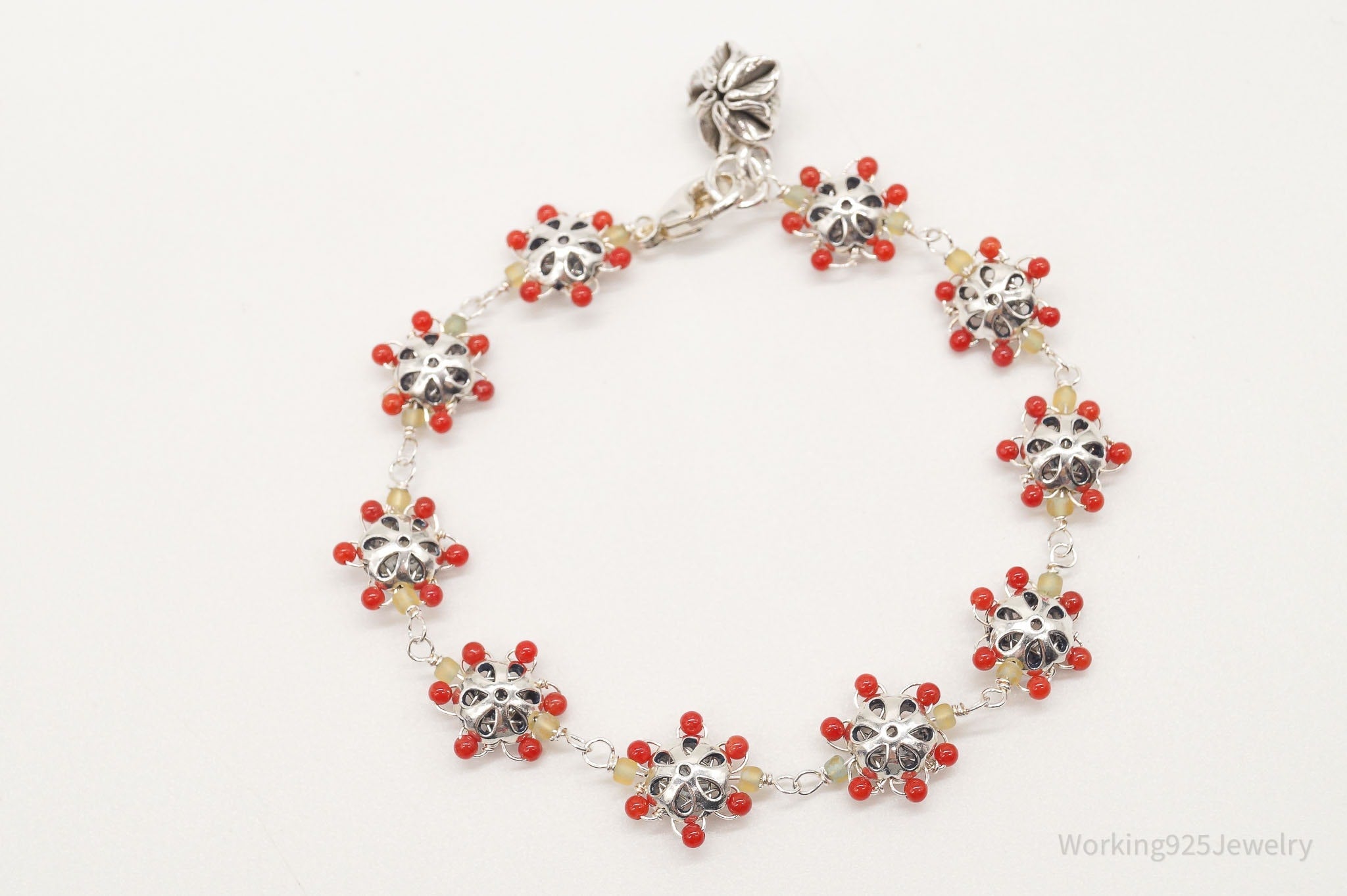 Vintage Intricate Glass Beads Flowers Sterling Silver Bracelet | Jewelry > Bracelets | Wiccan Center