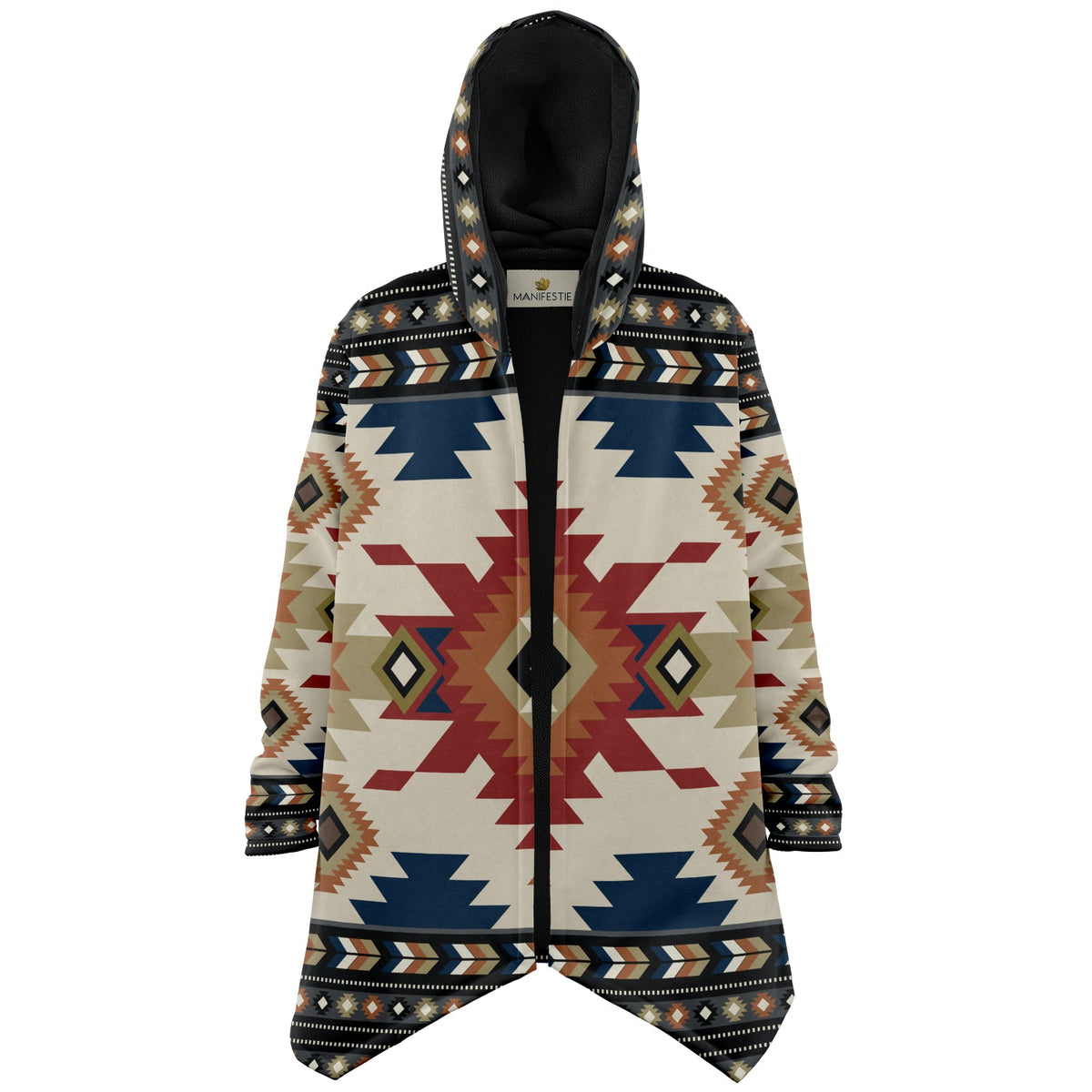 Izel Aztec Tribal Cloak | Unisex Minky Sherpa Lined Hooded Coat | Women and Mens Festival Coat | Mountain Fashion | Microfleece Cloak - AOP | Wiccan Center