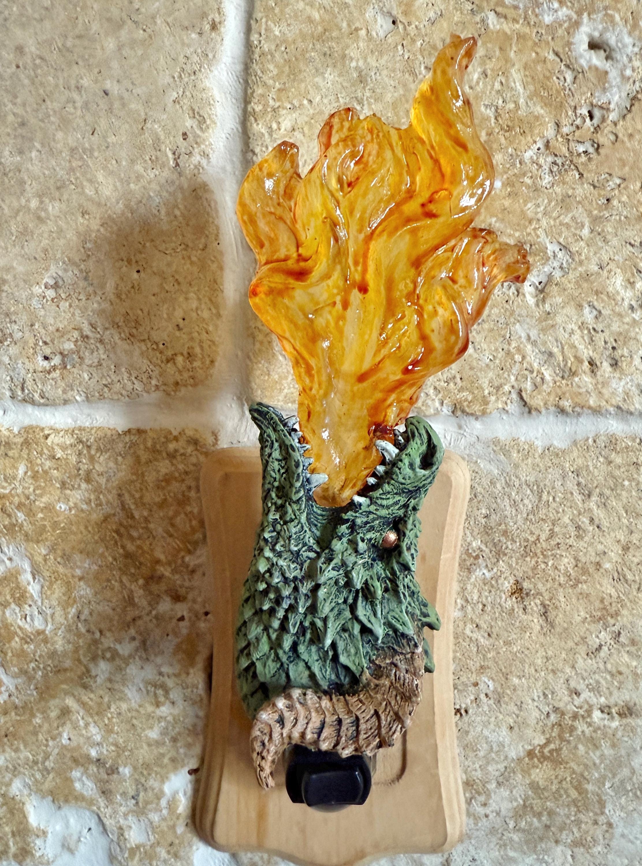 Fire Breathing Dragon Nightlight, Hand Painted Resin Sculpture | Fantasy Dragon Night Light | Mythic Legends Lighting for Fantasy Home Decor