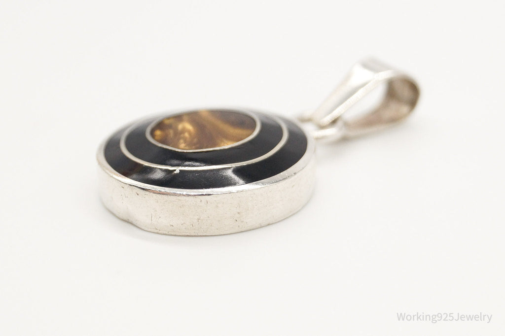 Vintage Mexico Faux Tigers Eye Black Enamel Sterling Silver Pendant | Jewelry > Necklaces > Pendants | Wiccan Center
