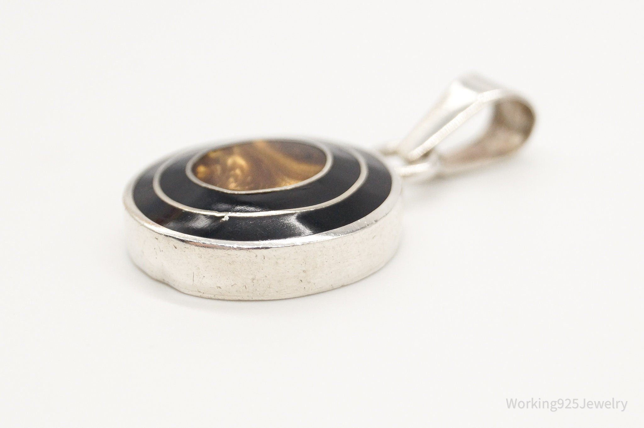 Vintage Mexico Faux Tigers Eye Black Enamel Sterling Silver Pendant | Jewelry > Necklaces > Pendants | Wiccan Center