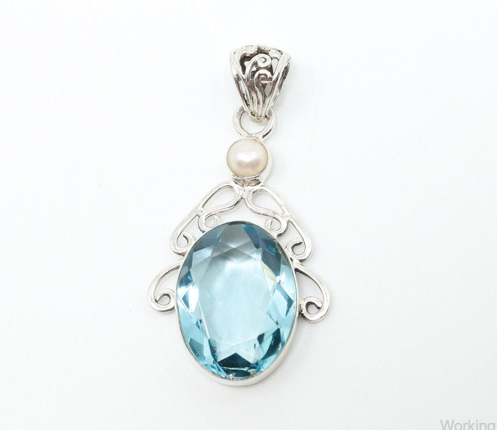 Vintage Art Deco Large Blue Topaz Pearl Sterling Silver Pendant | Jewelry > Necklaces > Pendants | Wiccan Center