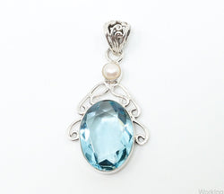 Vintage Art Deco Large Blue Topaz Pearl Sterling Silver Pendant | Jewelry > Necklaces > Pendants | Wiccan Center