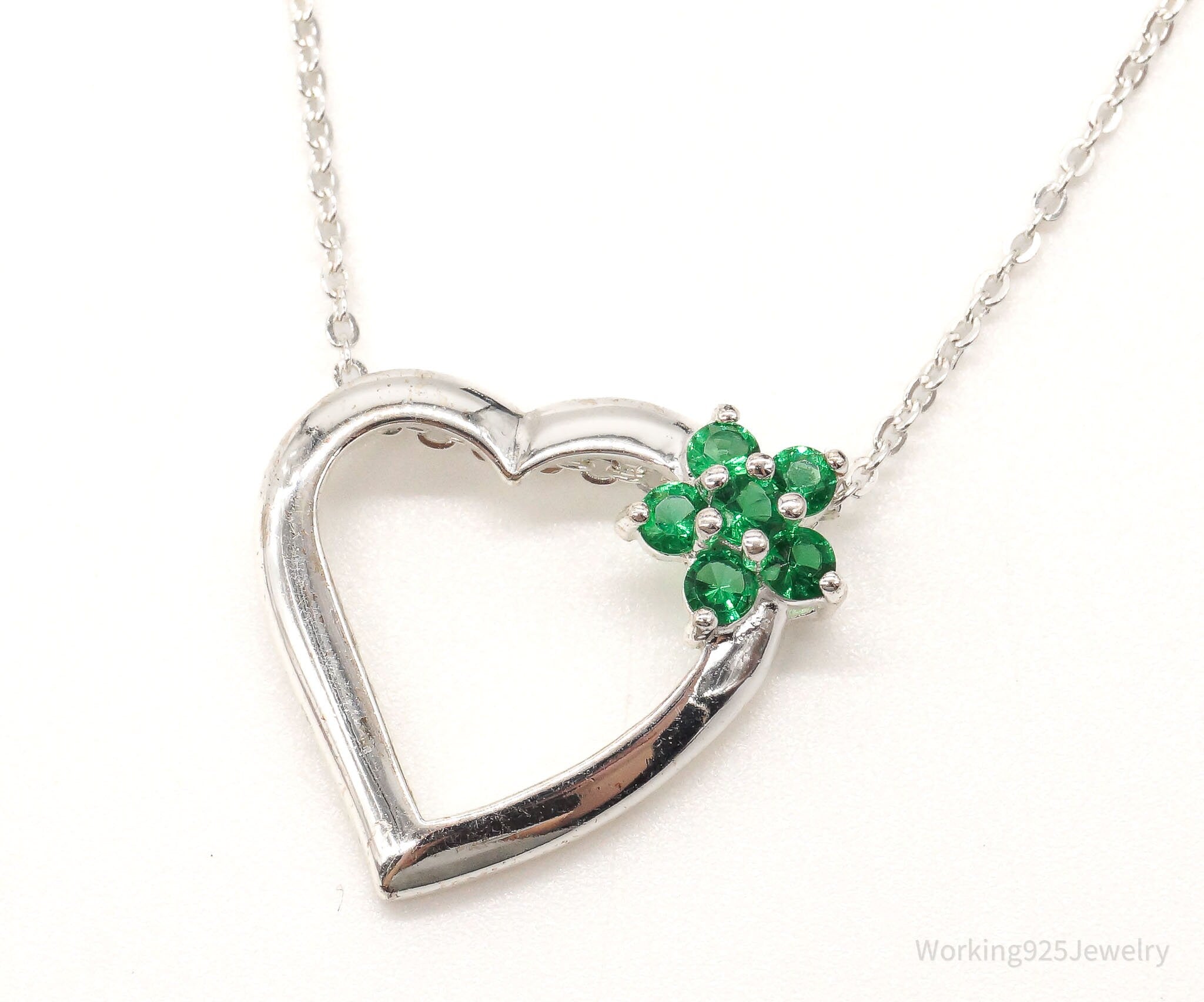 Vintage Designer Avon Green Cubic Zirconia Heart Sterling Silver Necklace | Jewelry > Necklaces > Pendants | Wiccan Center
