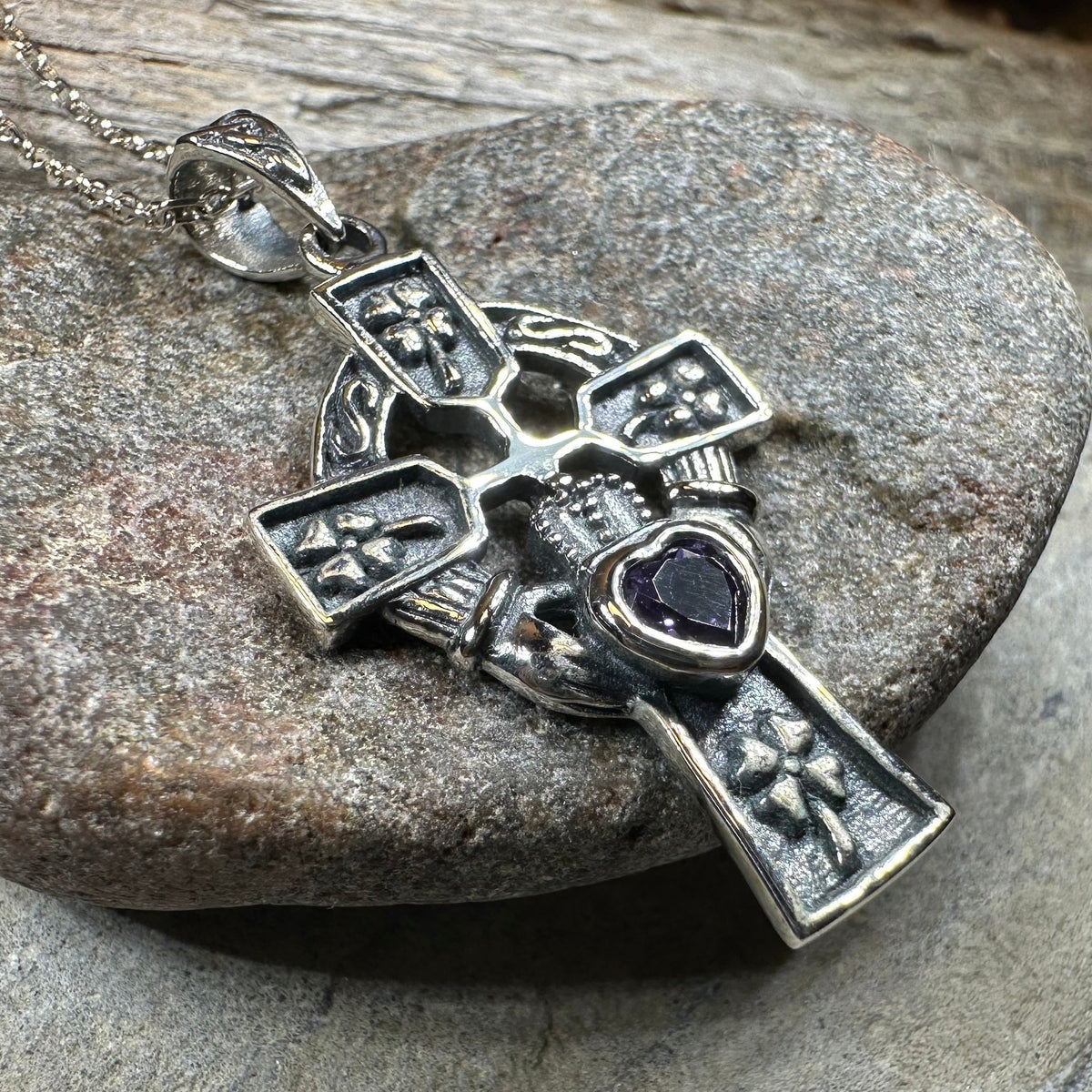 Irish Love Shamrock Claddagh Cross Necklace