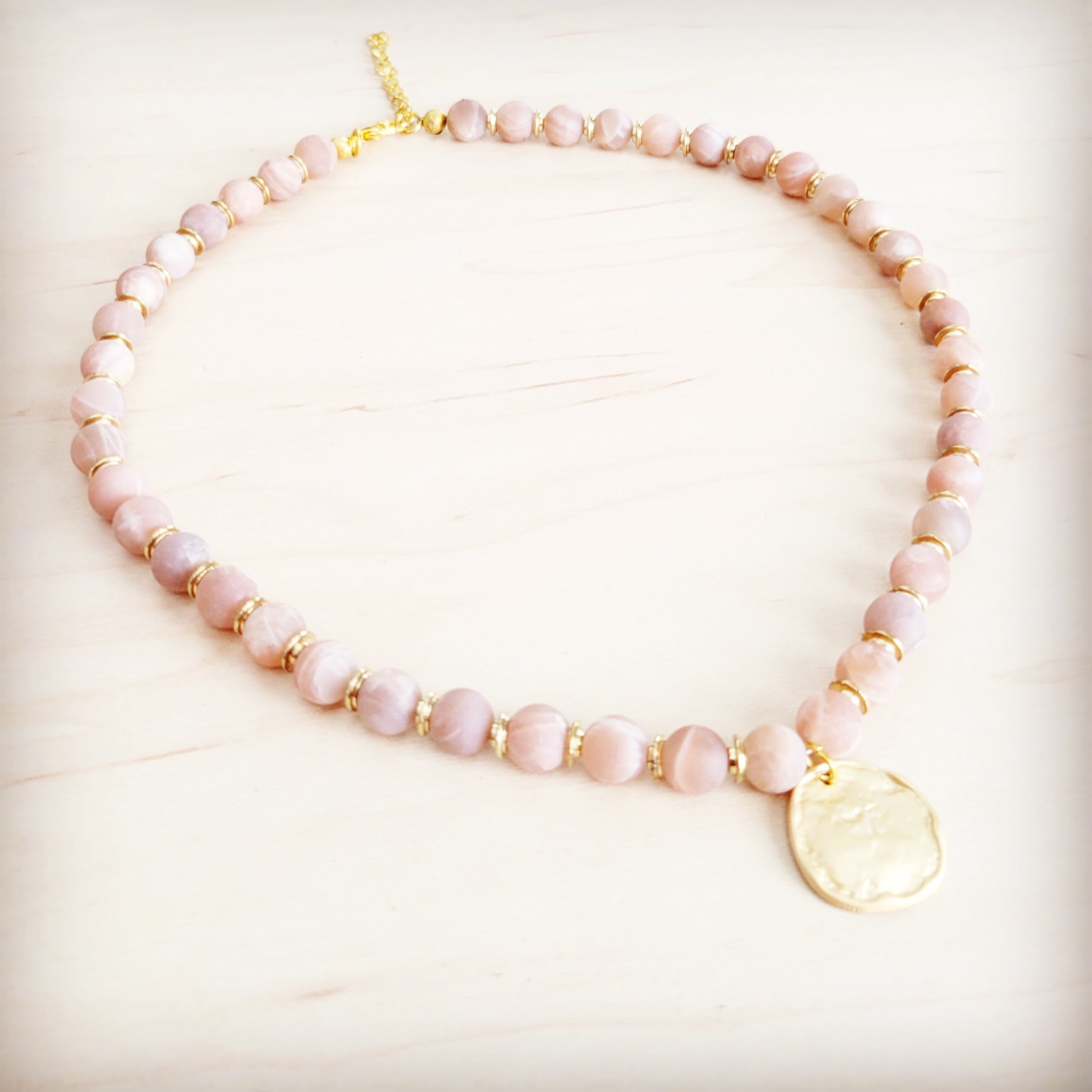 Frosted Sunstone Beaded Collar Necklace w/ Matte Gold Pendant 262n | Necklace | Wiccan Center