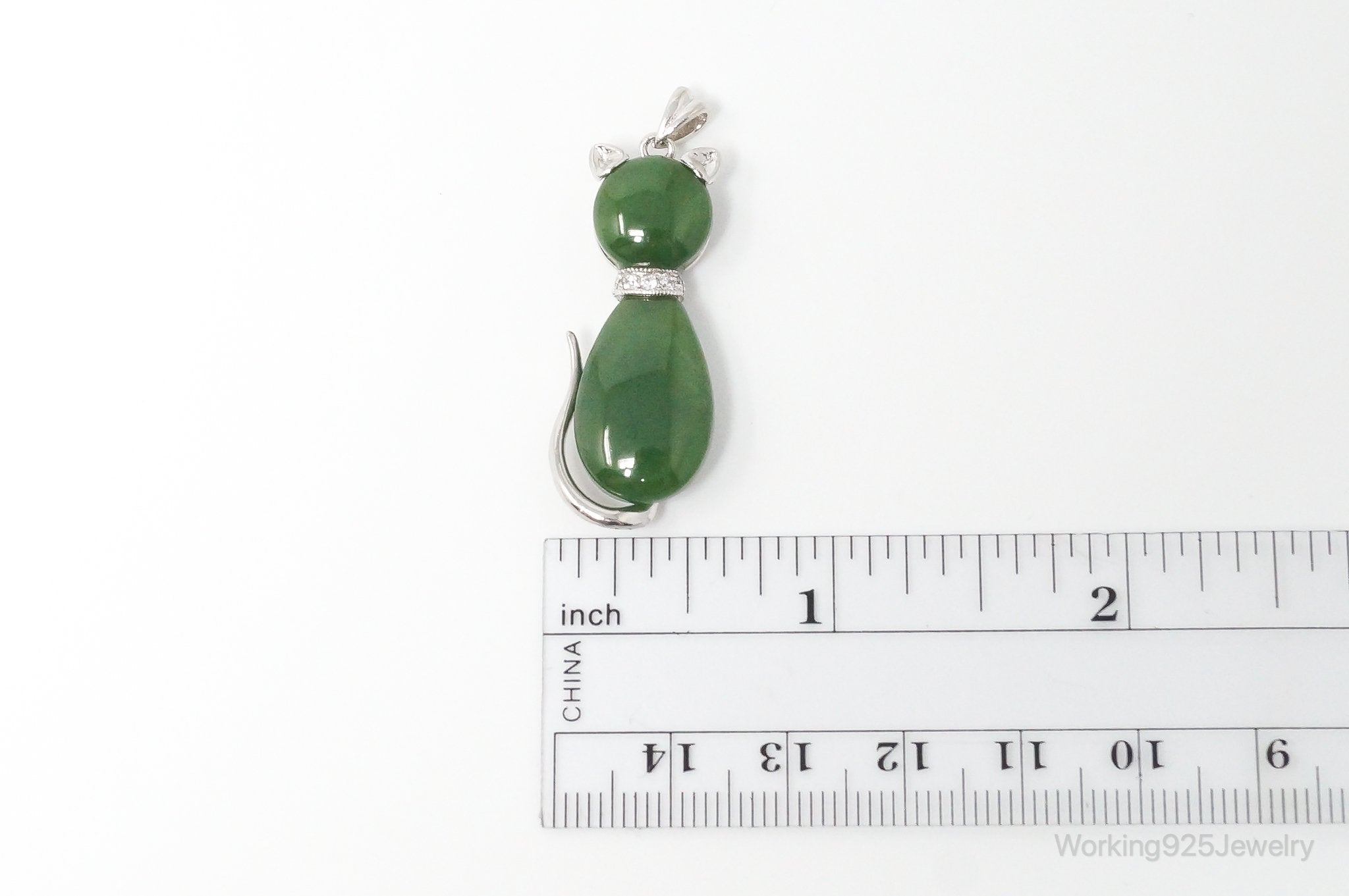 Large Kitten Cat Nephrite Cubic Zirconia Sterling Silver Necklace Pendant | Jewelry > Necklaces > Pendants | Wiccan Center