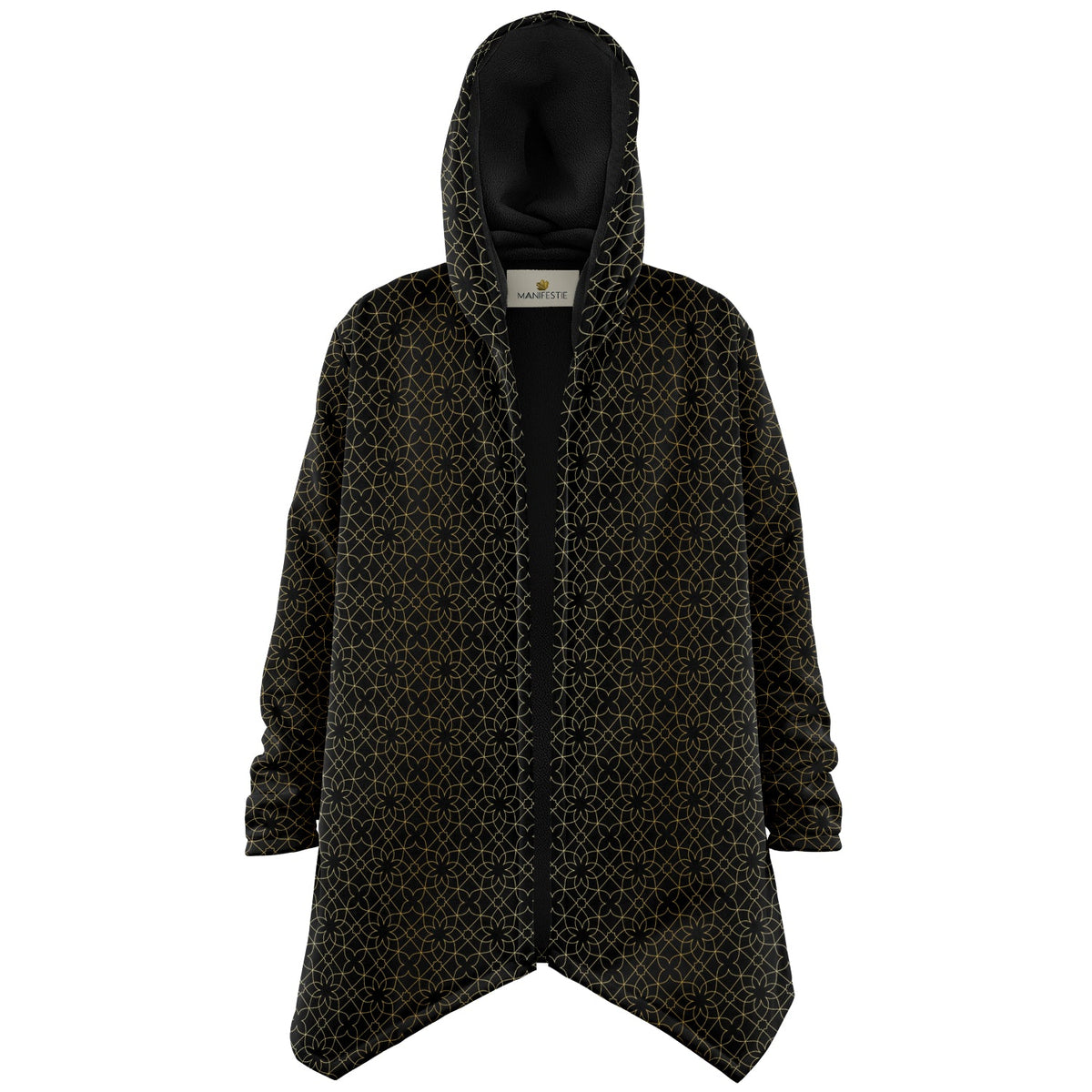 Black and Gold Sacred Geometry Flower Cuddle Cloak | Unisex Minky Sherpa Lined Hooded Coat | Women and Mens Festival Coat | Mountain Fashion | Microfleece Cloak - AOP | Wiccan Center