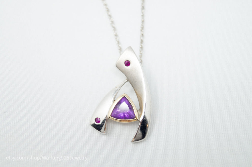 Vintage Designer 14K Gold Amethyst Ruby Art Deco Sterling Silver Necklace | Jewelry > Necklaces > Pendants | Wiccan Center