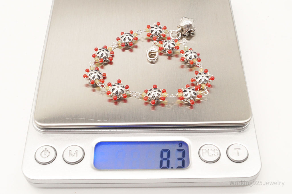 Vintage Intricate Glass Beads Flowers Sterling Silver Bracelet | Jewelry > Bracelets | Wiccan Center