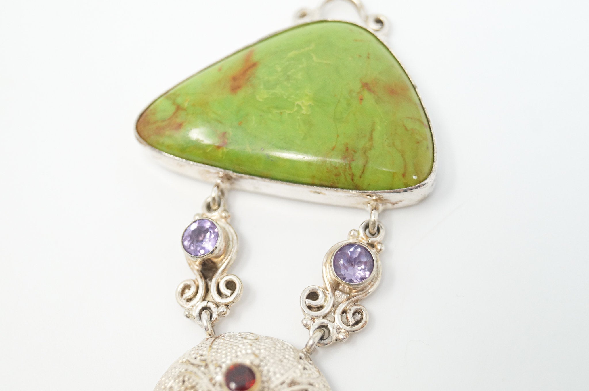 Vintage Turquoise Amethyst Malachite Garnet Sterling Silver Moon Face Pendant | Jewelry > Necklaces > Pendants | Wiccan Center