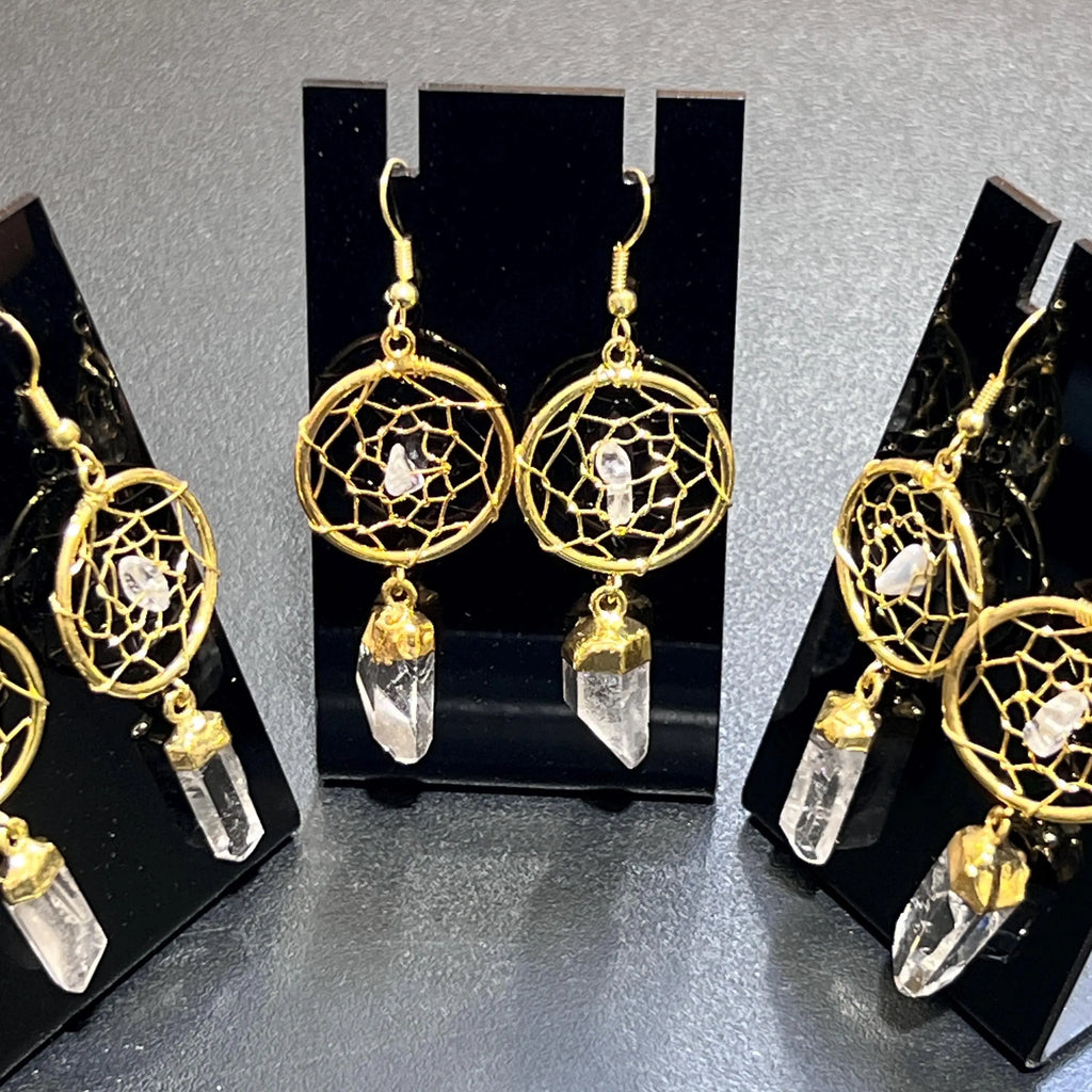 DreamCatcher Earrings Pair (Quartz Crystal)(Gold Plated)(Stainless Steel Hooks) Gemstone Jewelry Supply | Jewelry > Earrings > Dangle & Drop Earrings | Wiccan Center