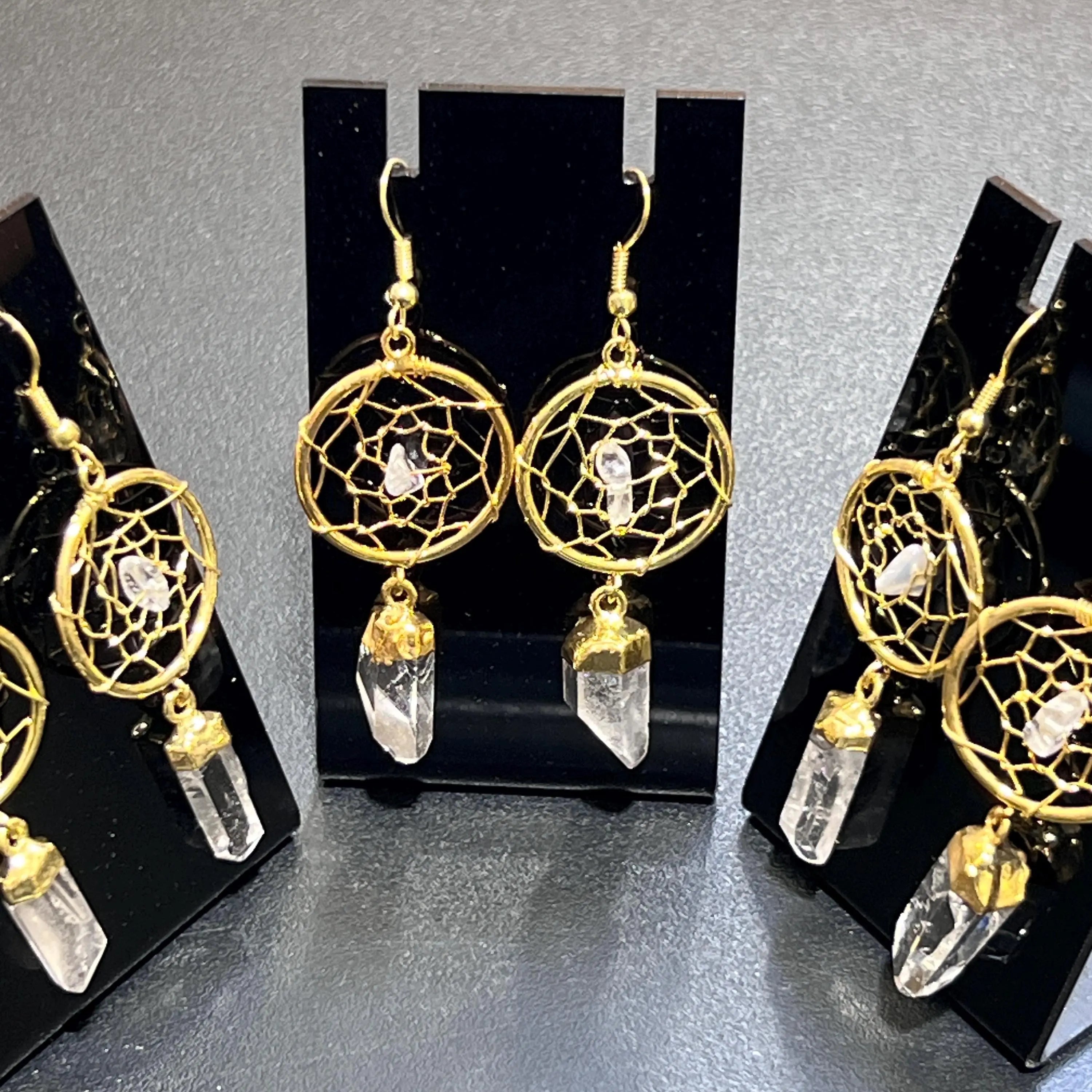 DreamCatcher Earrings Pair (Quartz Crystal)(Gold Plated)(Stainless Steel Hooks) Gemstone Jewelry Supply | Jewelry > Earrings > Dangle & Drop Earrings | Wiccan Center