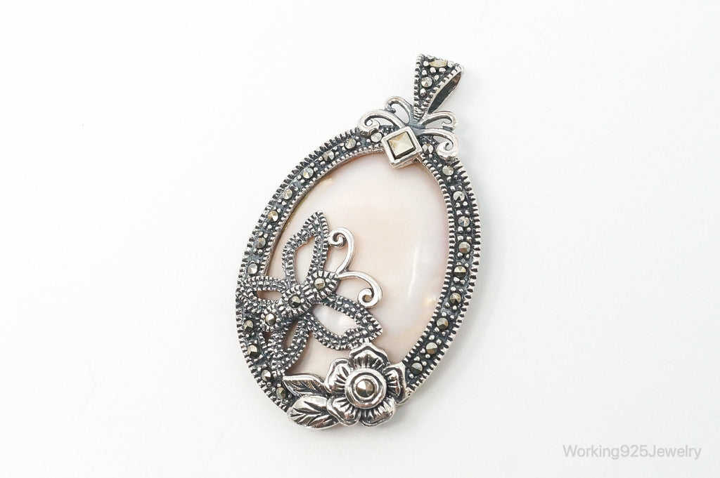 VTG Pink Mother of Pearl Marcasite Butterfly Flower Sterling Silver Pendant | Jewelry > Necklaces > Pendants | Wiccan Center