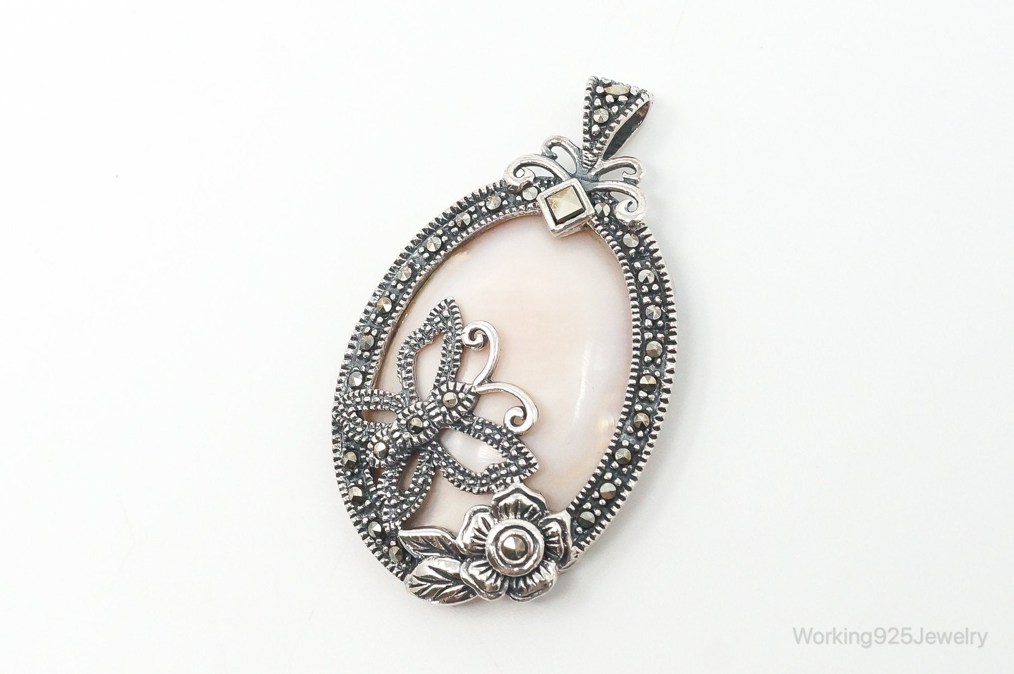 VTG Pink Mother of Pearl Marcasite Butterfly Flower Sterling Silver Pendant | Jewelry > Necklaces > Pendants | Wiccan Center