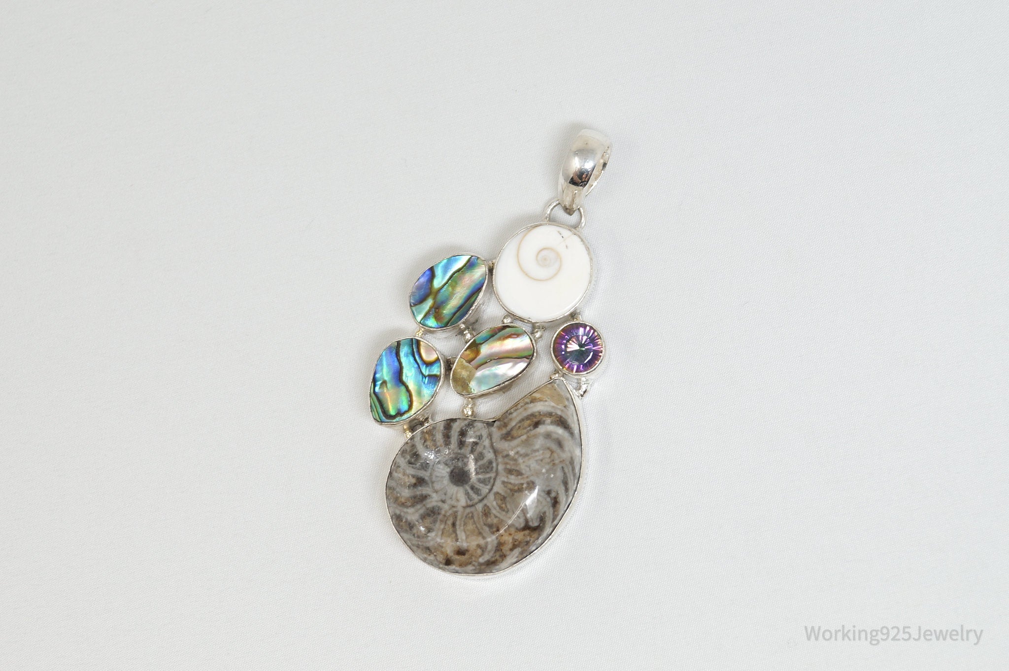 Vintage Large Fossil Shell Mystic Topaz Sterling Silver Abalone Necklace Pendant | Jewelry > Necklaces > Pendants | Wiccan Center
