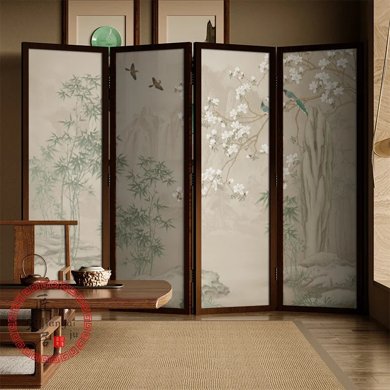 Zen Wood Folding Screen Partition | Floral & Bird Room Divider | Accents > Room Divider Screens | Wiccan Center