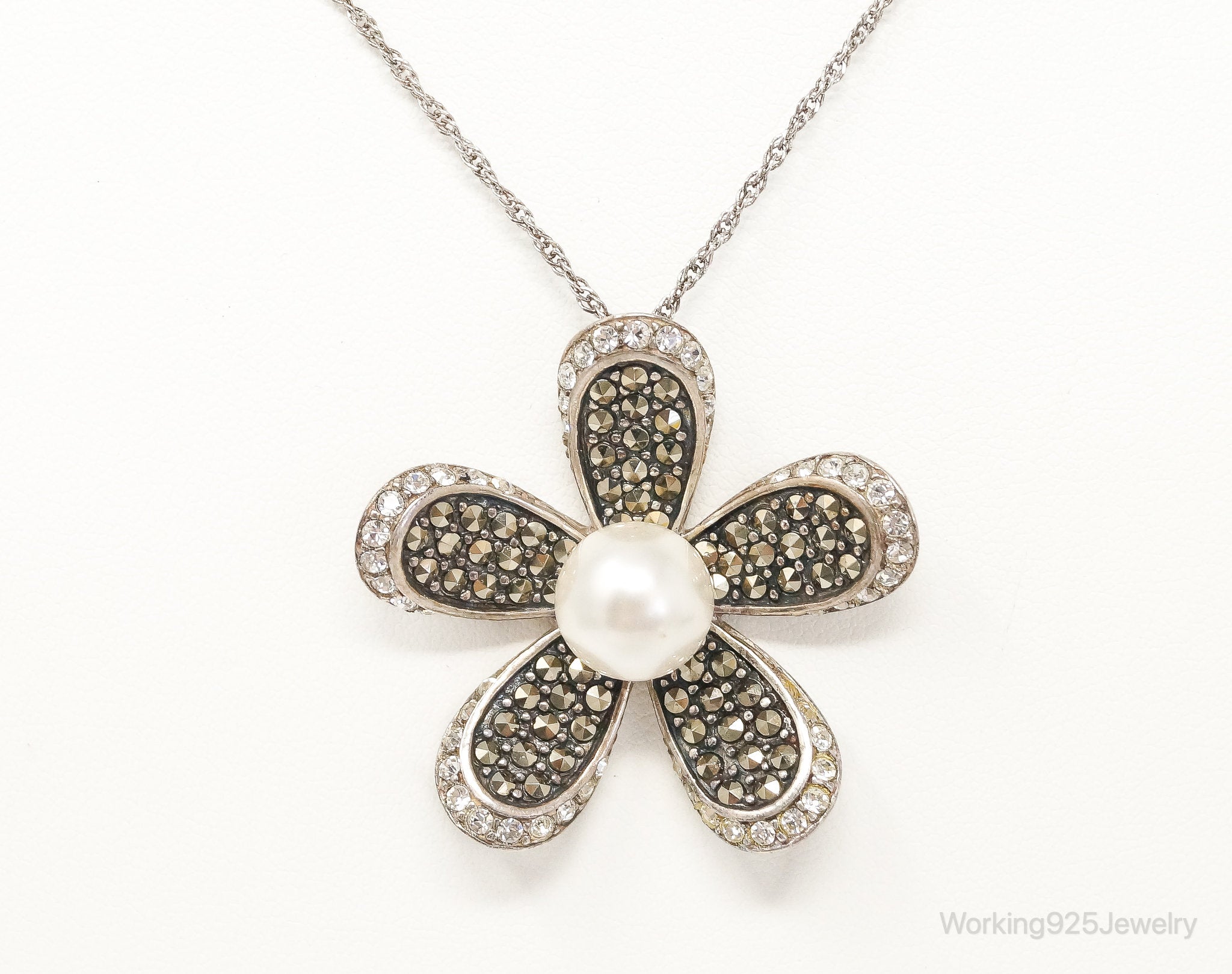 Vintage Designer SLC Pearl CZ Marcasite Sterling Silver Flower Necklace | Jewelry > Necklaces > Pendants | Wiccan Center