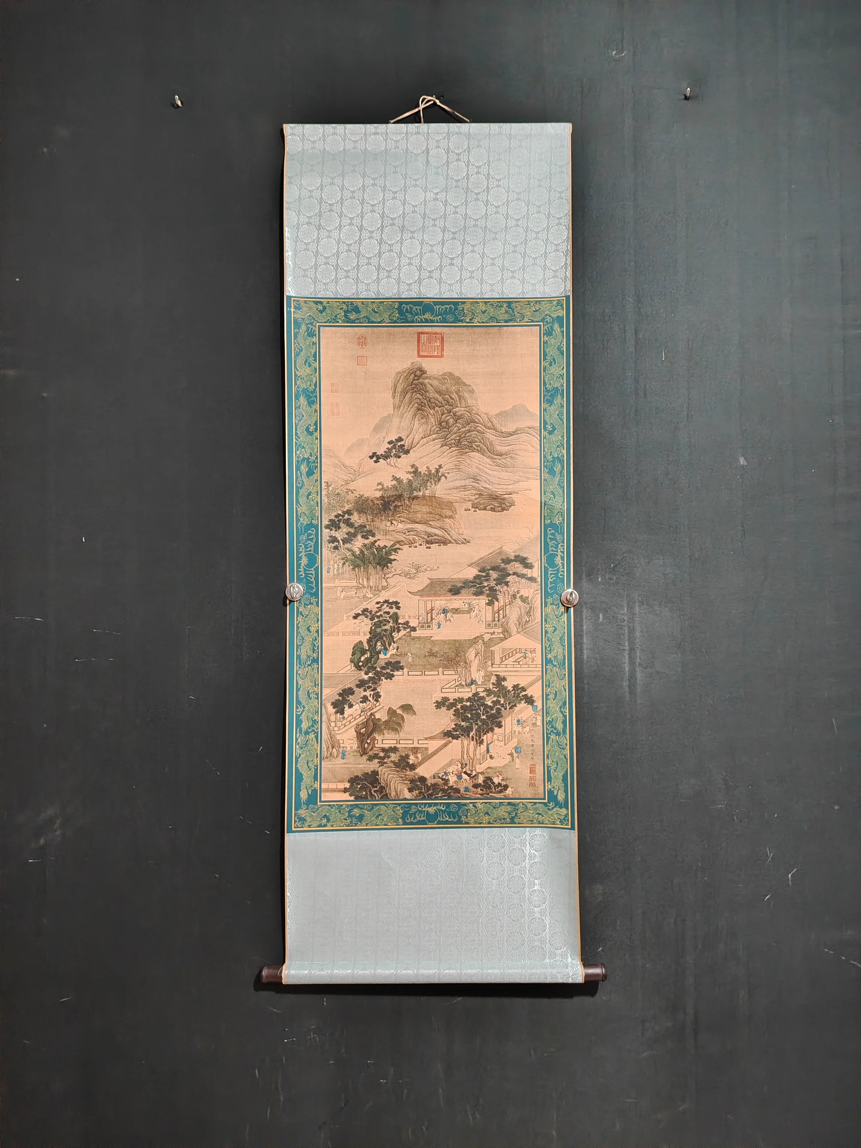 A wall scroll hanging painting of Qiu Ying's landscape on Chinese Xuan paper for the central hall decoration