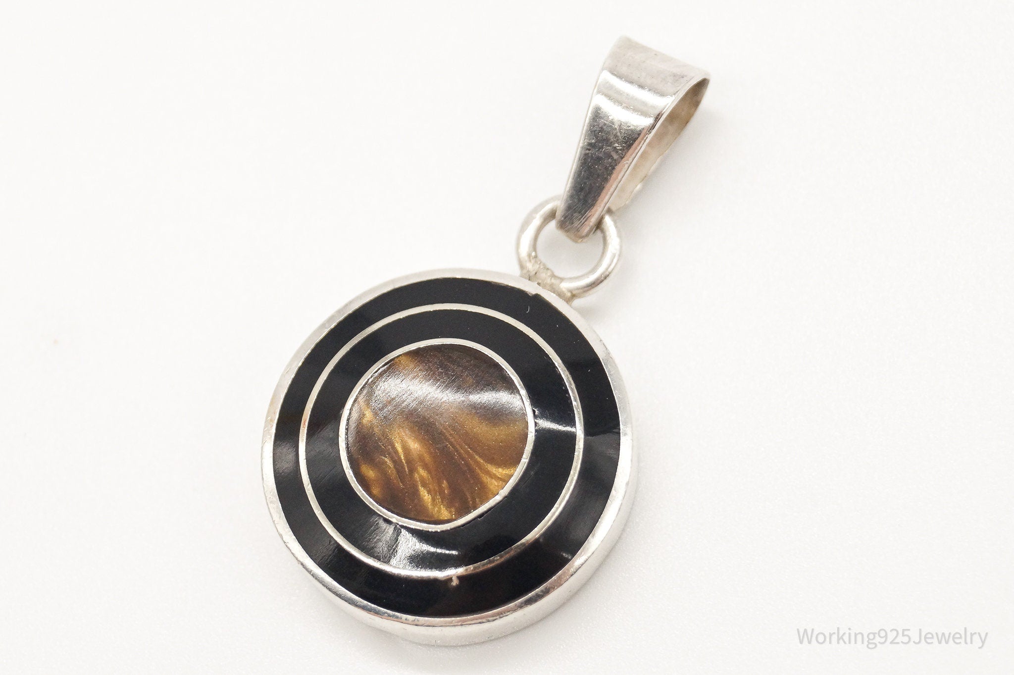 Vintage Mexico Faux Tigers Eye Black Enamel Sterling Silver Pendant | Jewelry > Necklaces > Pendants | Wiccan Center