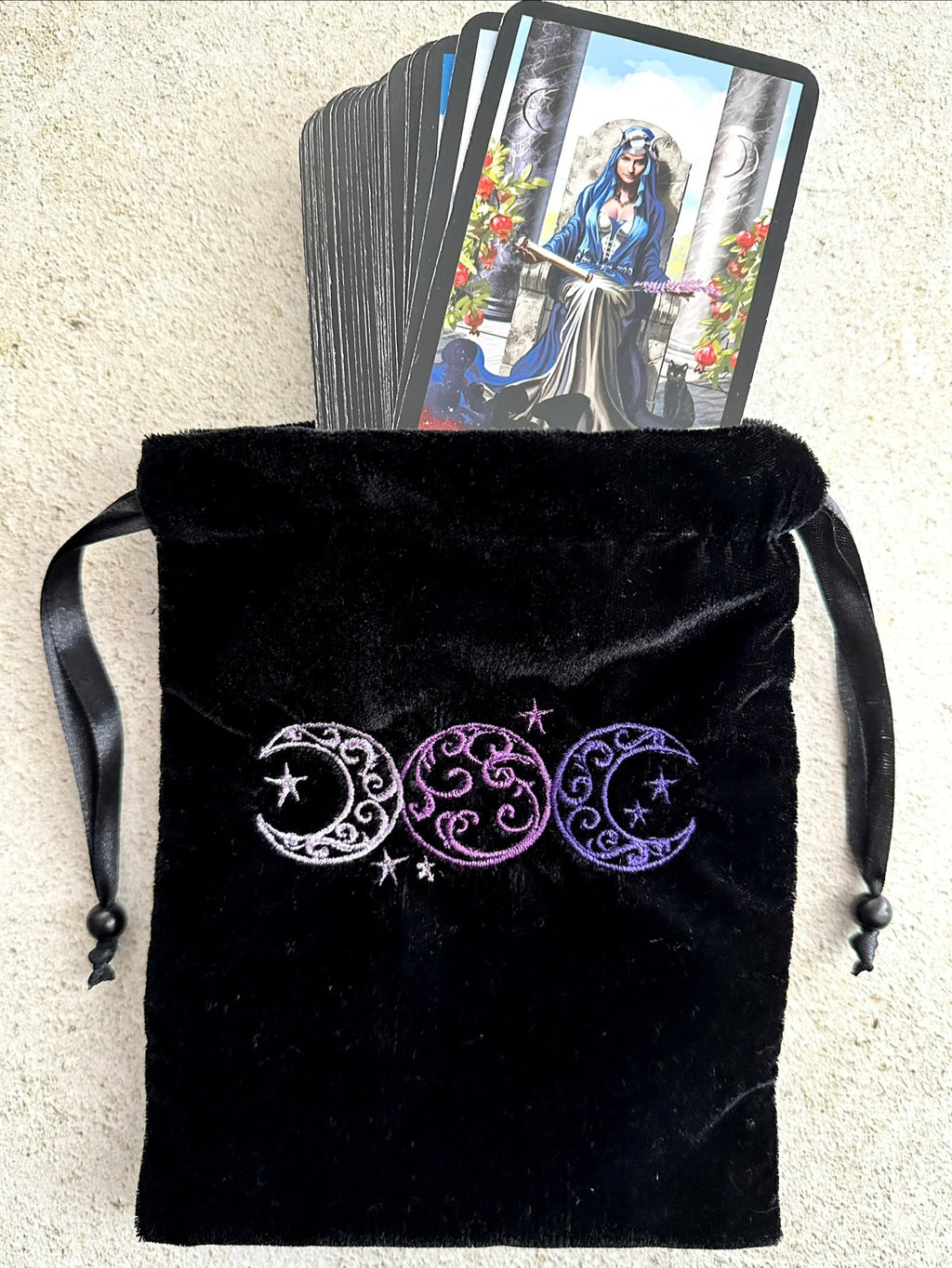 Triple Moon Black Velvet Embroidered Tarot Card Bag With Satin Lining