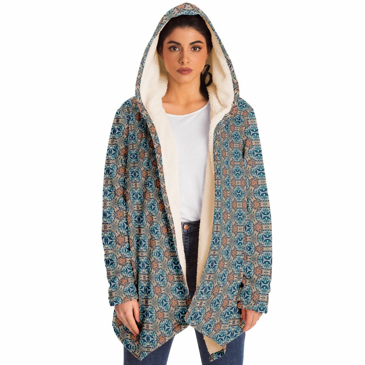 Mystic Mirror Cuddle Cloak | Orange, Blue Face | Unisex Minky Sherpa Lined Hooded Coat | Women and Mens Festival Coat | Mountain Fashion | Microfleece Cloak - AOP | Wiccan Center
