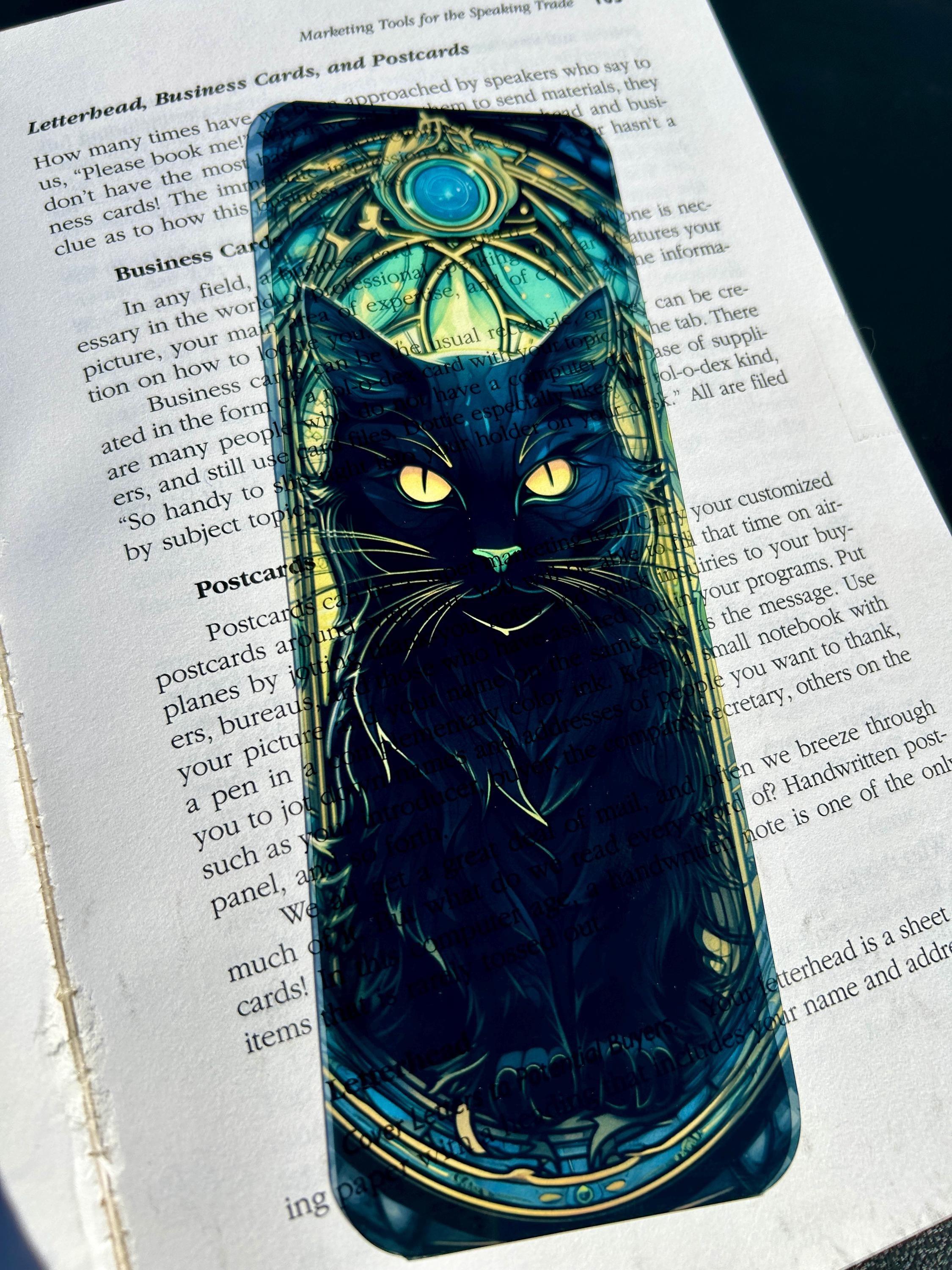 Black Cat Bookmark, Mystic Feline Art, Gothic Stained Glass, Glowing Eyes, Witchy Gift for Book Lovers | | Wiccan Center