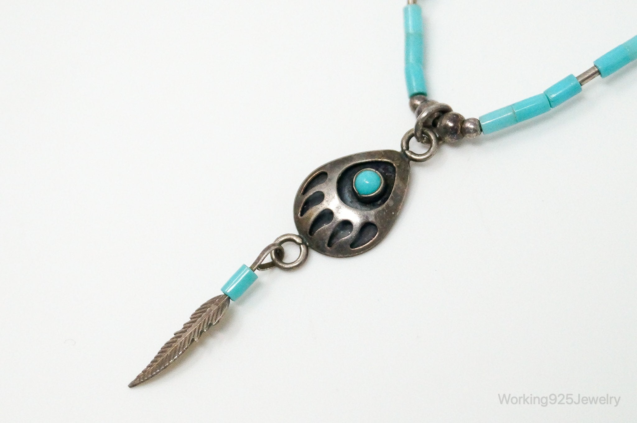 Vintage Native American Turquoise Bear Paw Sterling Silver Bead Necklace | Jewelry > Necklaces > Pendants | Wiccan Center