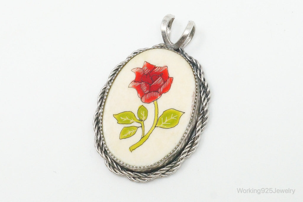 Vintage Painted Rose Bone Southwestern Sterling Silver Pendant | Jewelry > Necklaces > Pendants | Wiccan Center