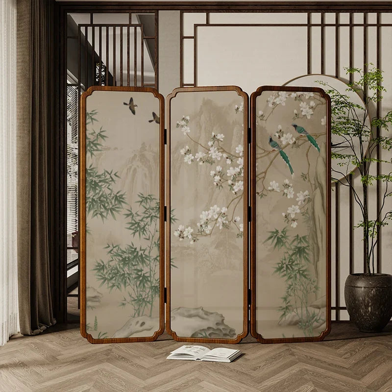 Zen Wood Folding Screen Partition | Floral & Bird Room Divider | Accents > Room Divider Screens | Wiccan Center