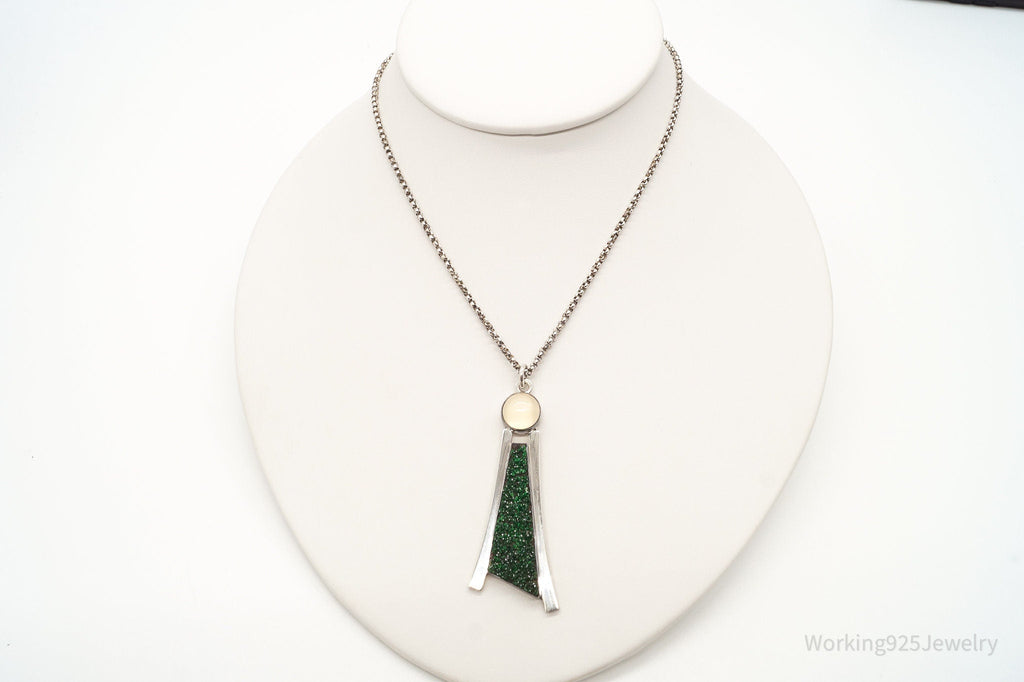 Vintage Moonstone Green Druzy Quartz Modernist Sterling Silver Necklace | Jewelry > Necklaces > Pendants | Wiccan Center
