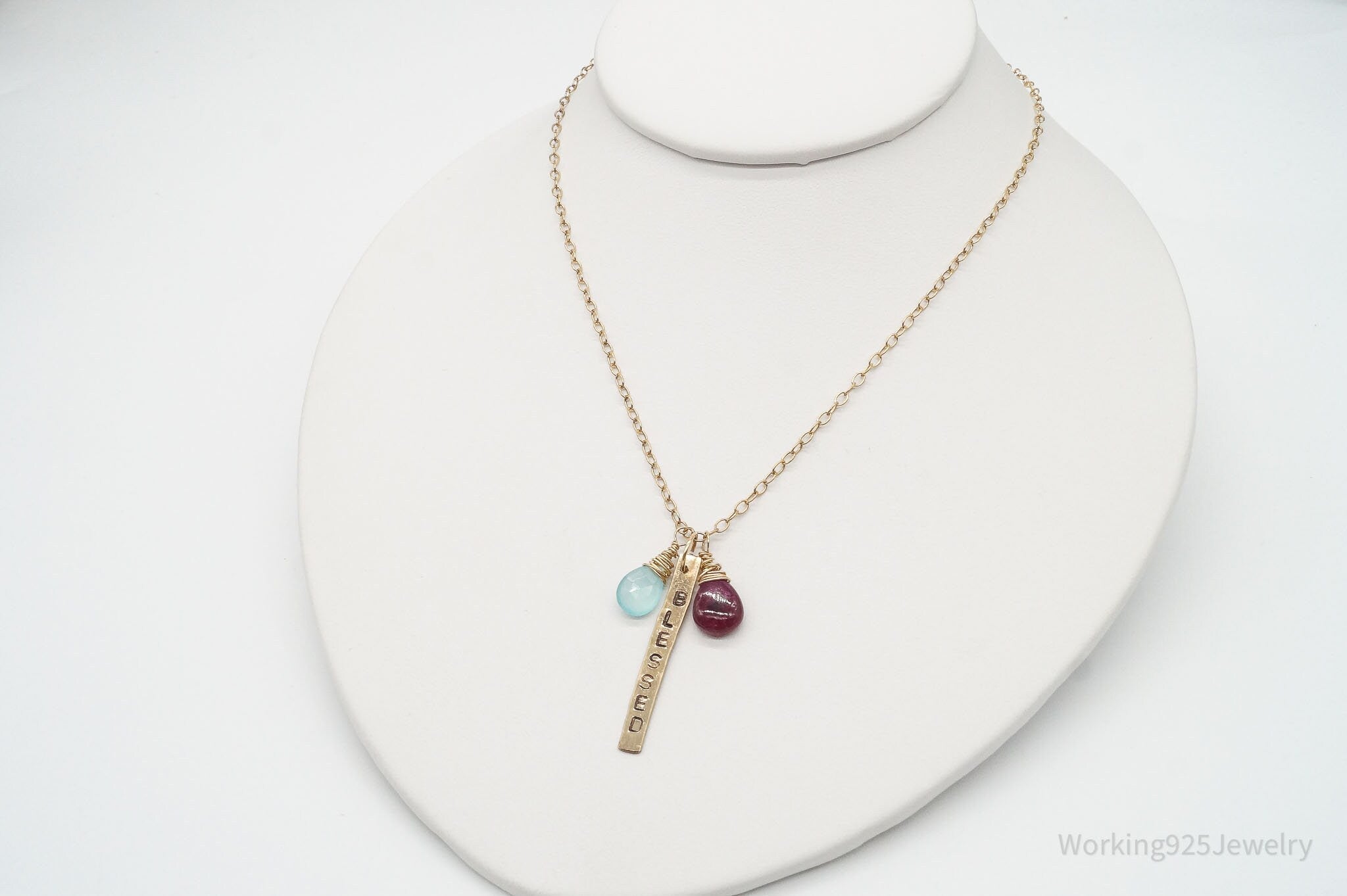 Vintage 14K Gold Filled "BLESSED" Chalcedony Rhodolite Rose Quartz Necklace 24" | Jewelry > Necklaces > Pendants | Wiccan Center
