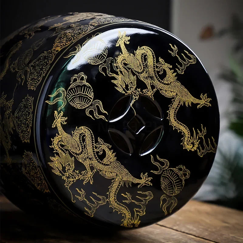 Black & Gold Dragon Porcelain Drum Stool | Modern Chinese Accent Seat & Side Table | Stools | Wiccan Center