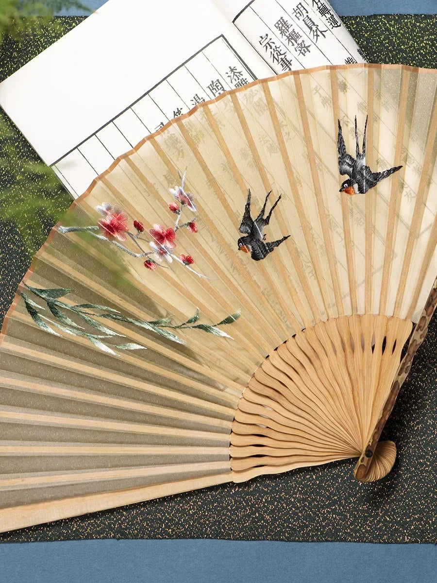Chinese Embroidery Style Bamboo Folding Fan, Embroidery Female Silk Fan, Silk Fan Chinese Style