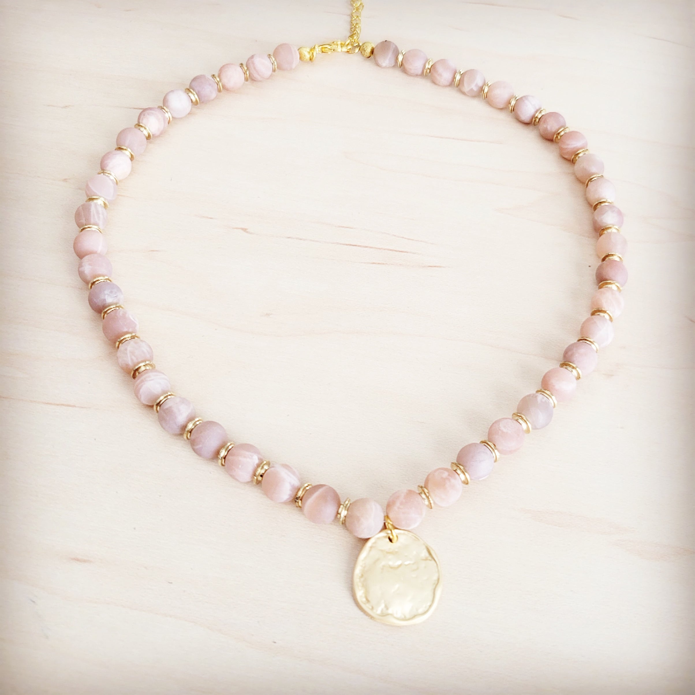 Frosted Sunstone Beaded Collar Necklace w/ Matte Gold Pendant 262n | Necklace | Wiccan Center