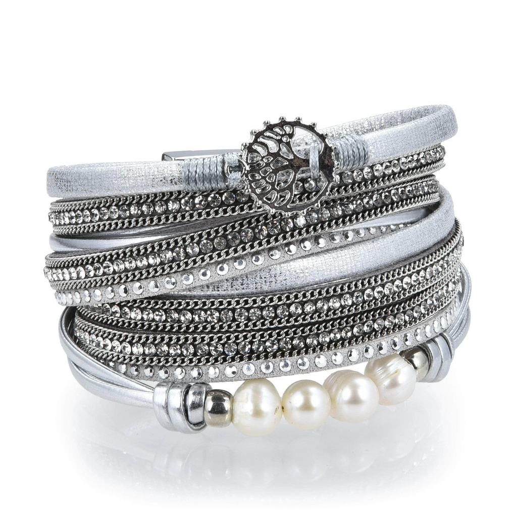 Tree Of Life Design Silver Leather & Pearls Double Wrap Bracelet with Magnetic Clasp - Sacred Geometry | Gemstone Jewelry > Bracelets | Wiccan Center