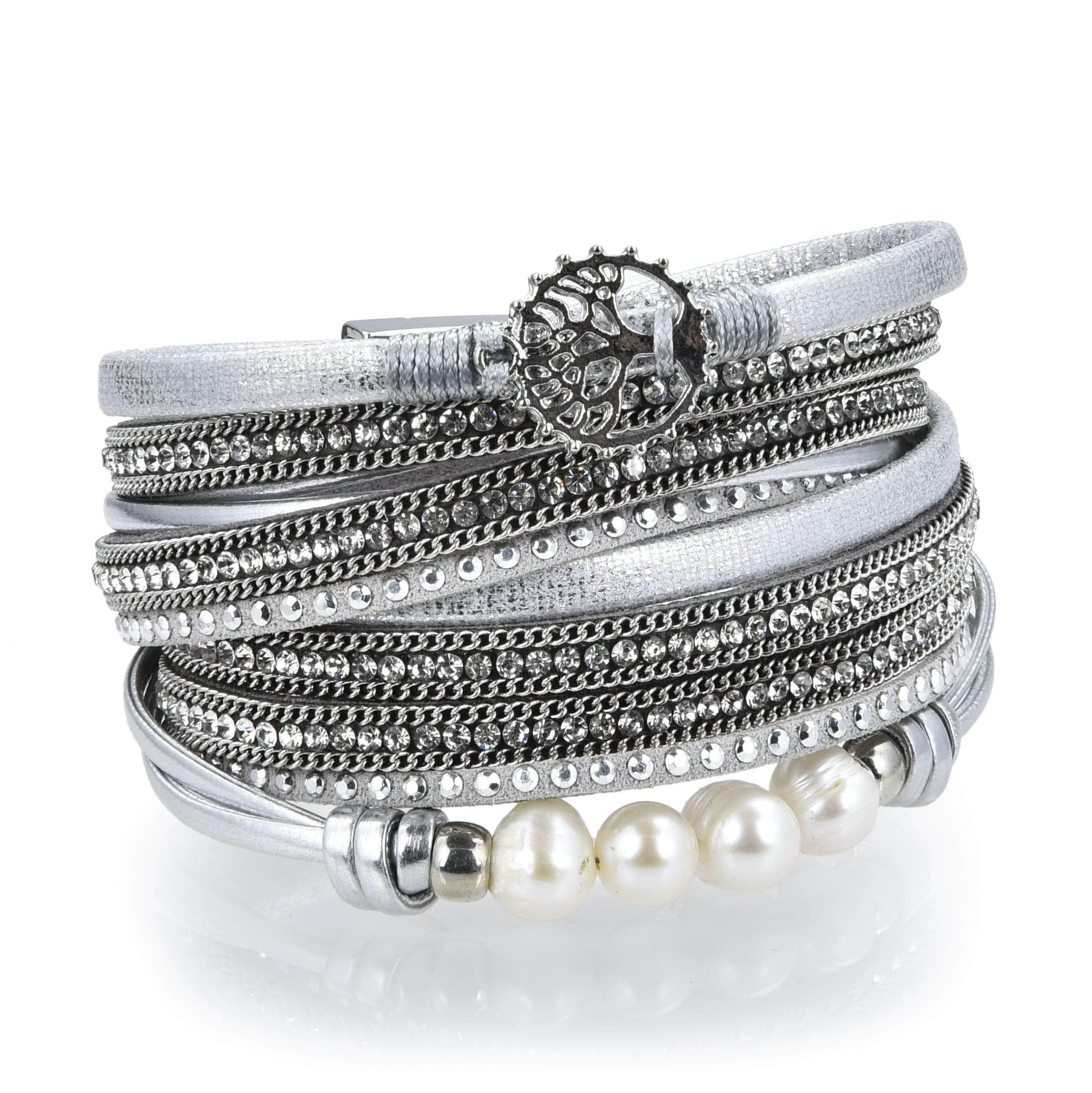Tree Of Life Design Silver Leather & Pearls Double Wrap Bracelet with Magnetic Clasp - Sacred Geometry | Gemstone Jewelry > Bracelets | Wiccan Center