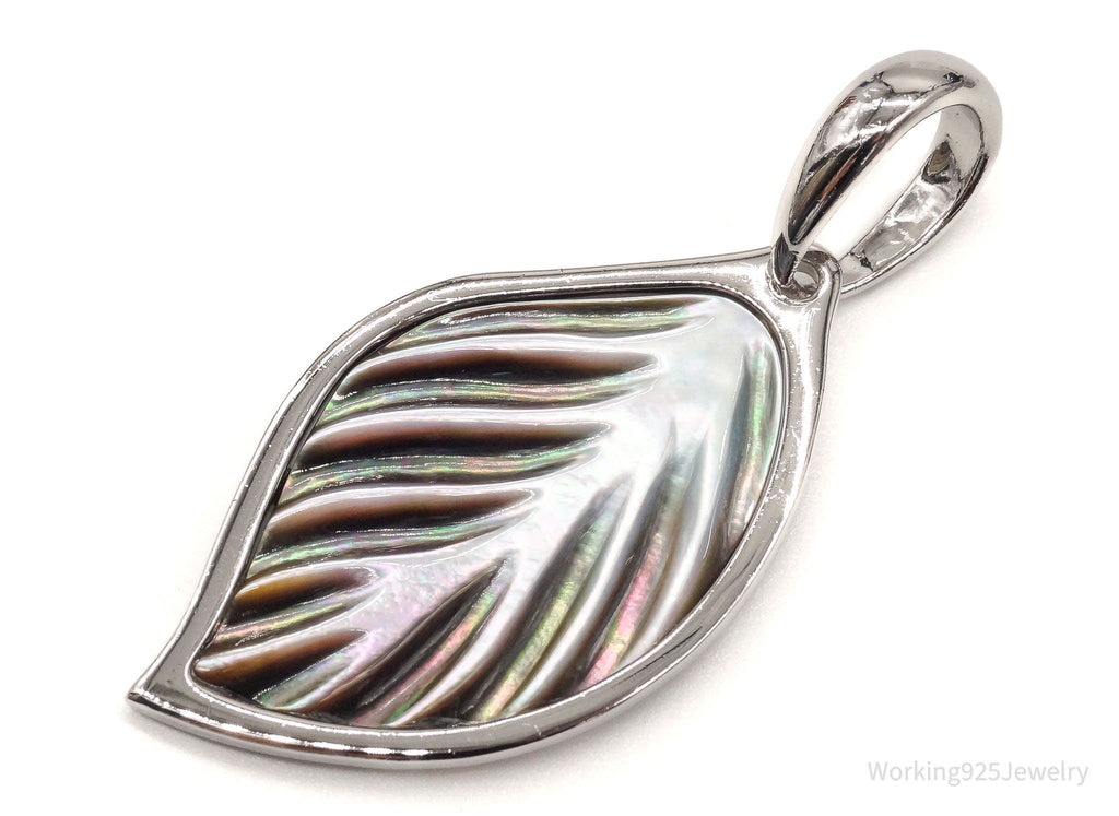 Large Vintage Carved Abalone Shell Sterling Silver Leaf Pendant | Jewelry > Necklaces > Pendants | Wiccan Center