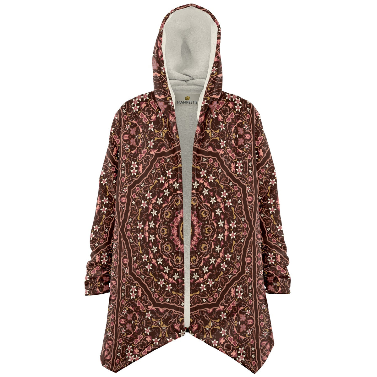 Raspberry Chocolate Persian Carpet Cuddle Cloak | Unisex Minky Sherpa Hooded Coat | Women and Mens Festival Coat | Mountain Fashion | Microfleece Cloak - AOP | Wiccan Center