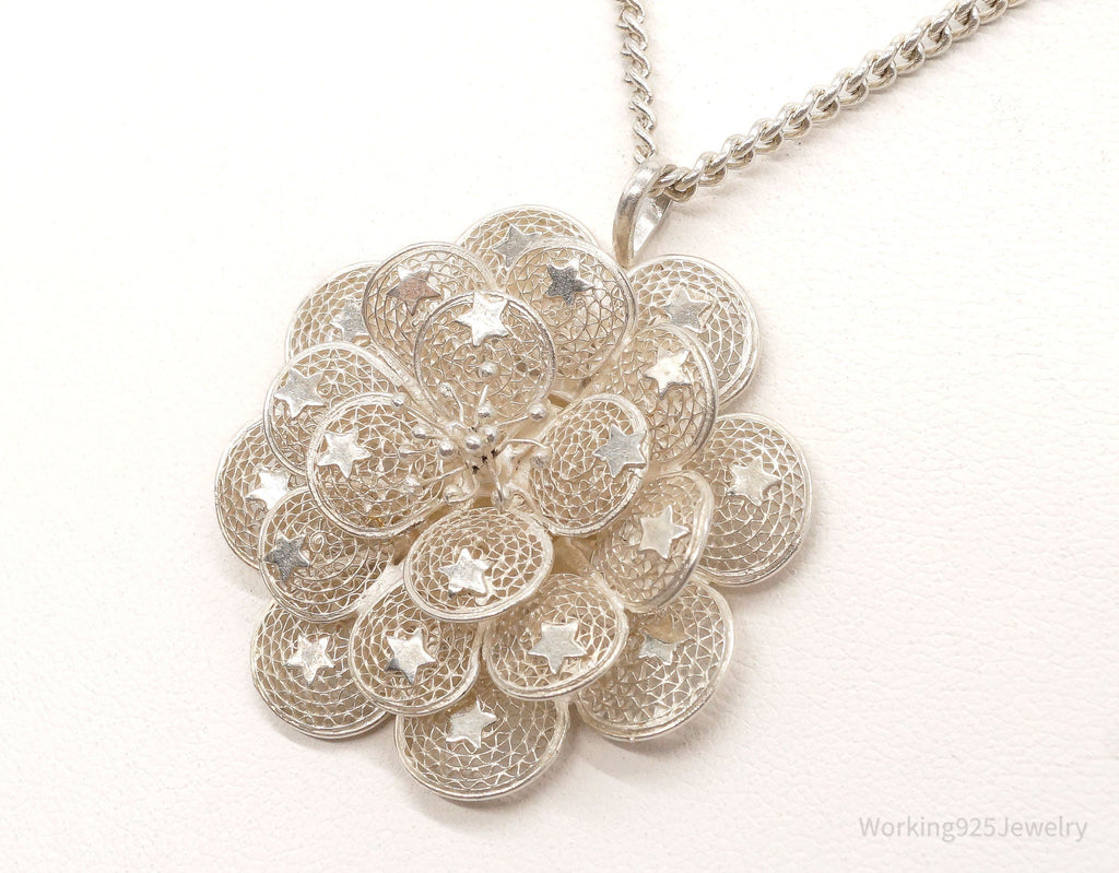 Vintage Large Filigree Flower Star Petals Silver Chain Necklace | Jewelry > Necklaces > Pendants | Wiccan Center