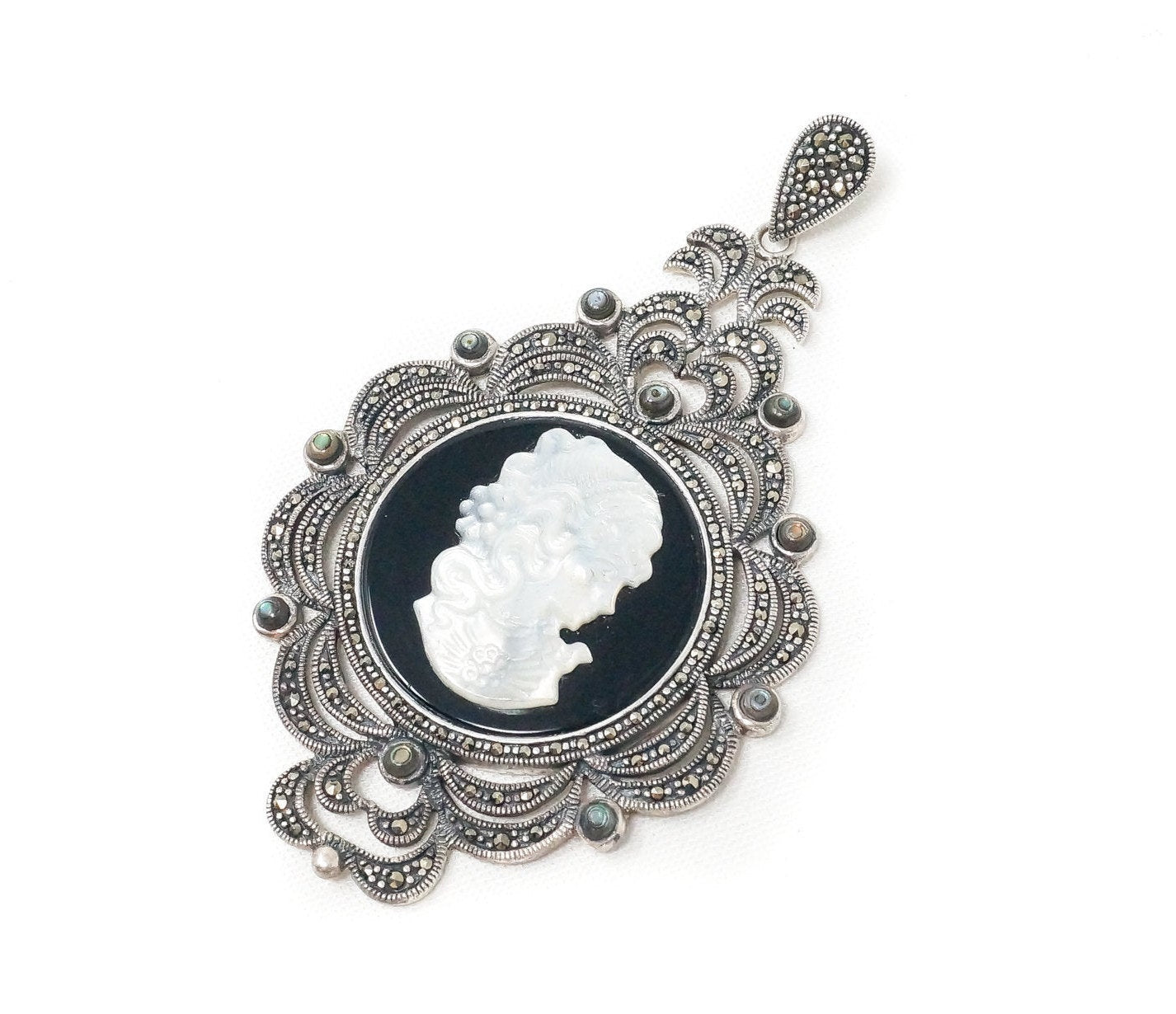 Vtg Carved Cameo Mother Of Pearl Marcasite Sterling Silver Necklace Pendant | Jewelry > Necklaces > Pendants | Wiccan Center