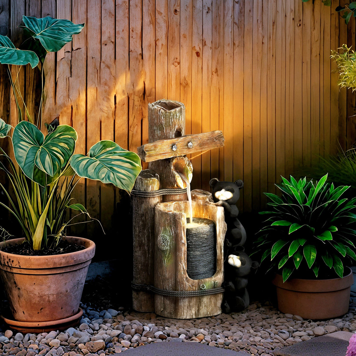 Resin Bear Fountain Two Cubs on Timber Post