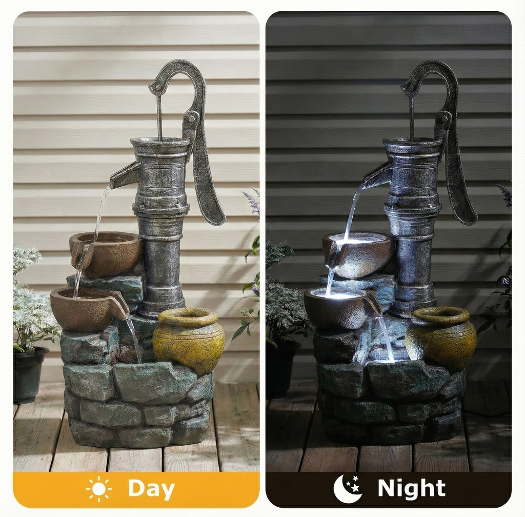 Resin Hand Pump Cascading Outdoor Fountain 32 Inch | Outdoor Fountain | Wiccan Center
