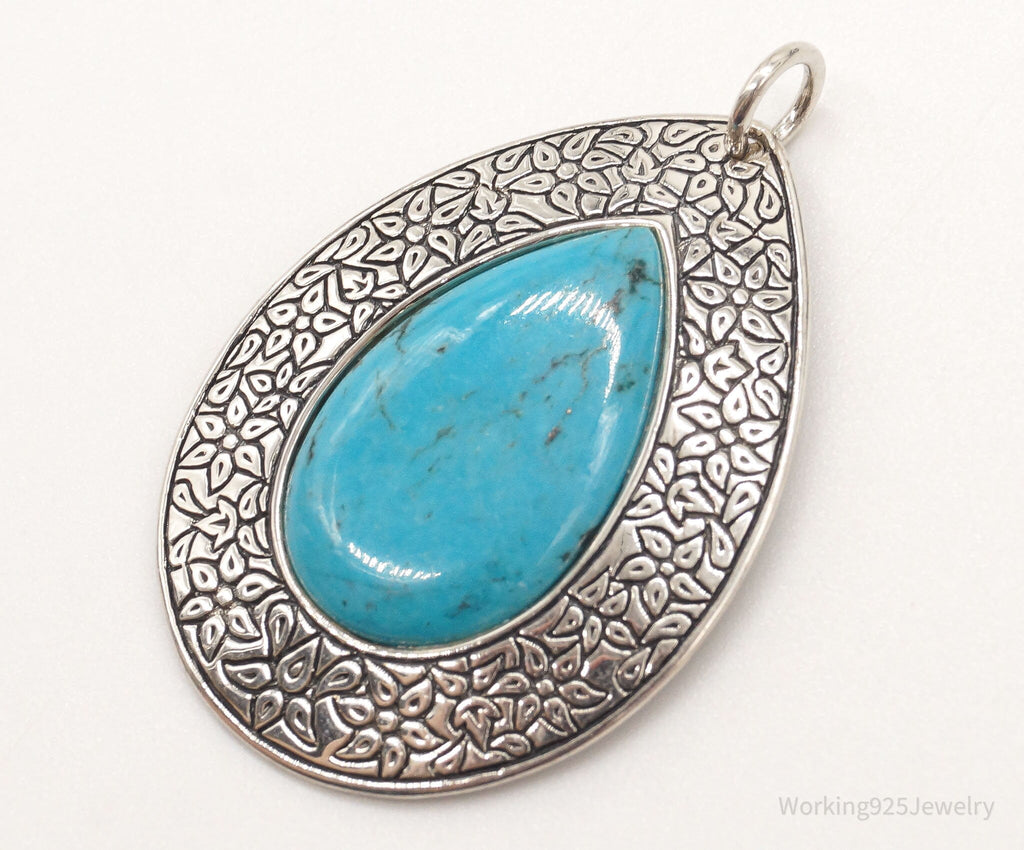 Vintage Large Turquoise Floral Etched Sterling Silver Necklace Pendant | Jewelry > Necklaces > Pendants | Wiccan Center